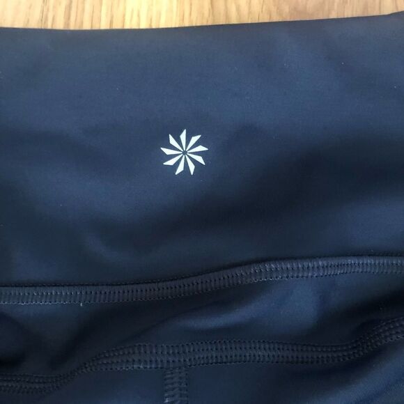 ATHLETA Blue Mesh Geometric Multicolor Zipped Side Pockets Capri Leggings - Picture 6 of 8